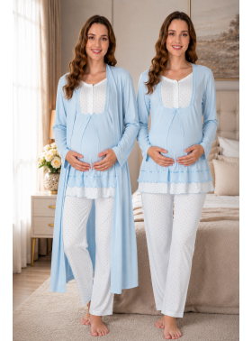 Effortt 9054 Puan Detaylı Mavi Sabahlıklı Lohusa Pijama Takımı